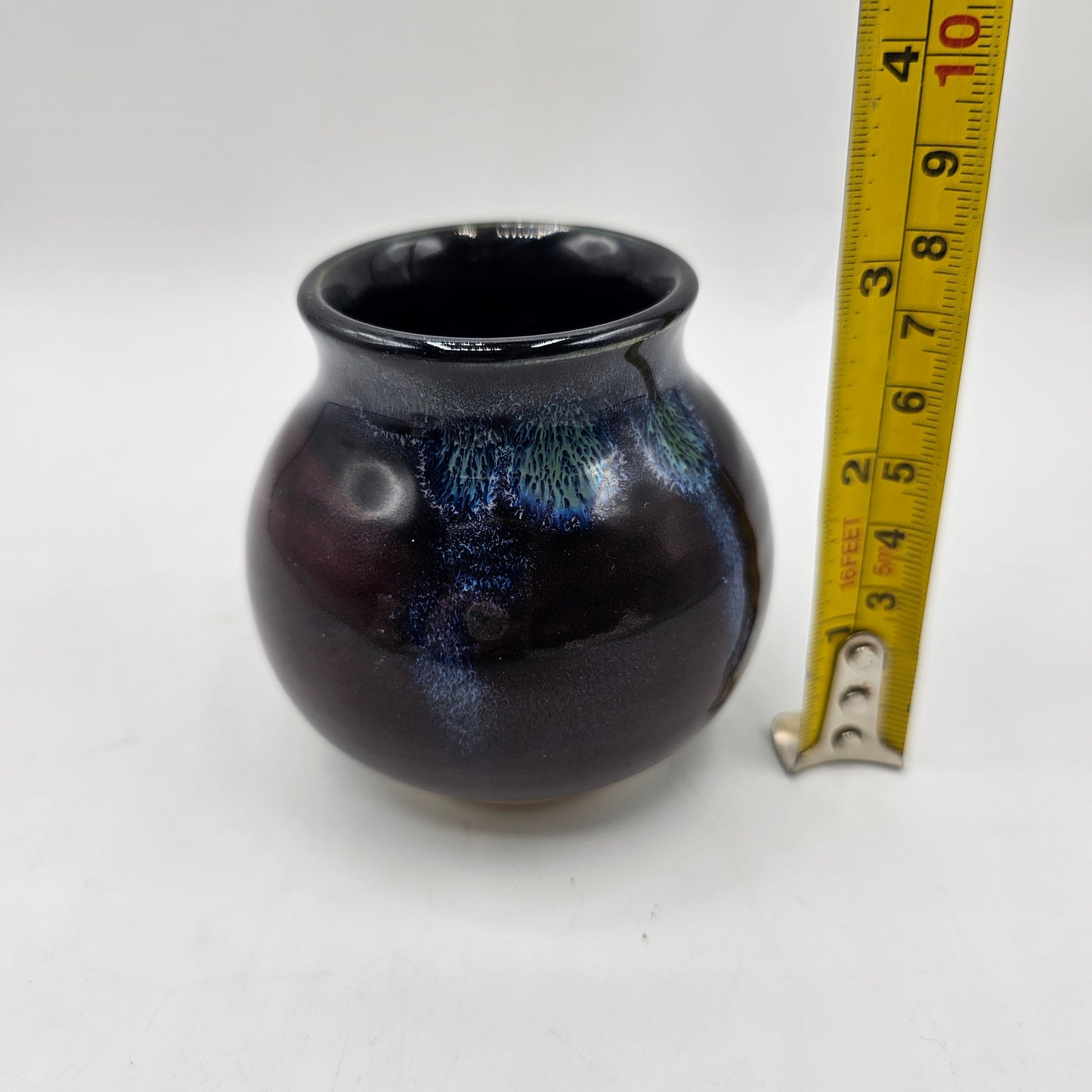 Small Crystalline Drip Glazed Artisan Pottery Vase - Blue and Burgundy