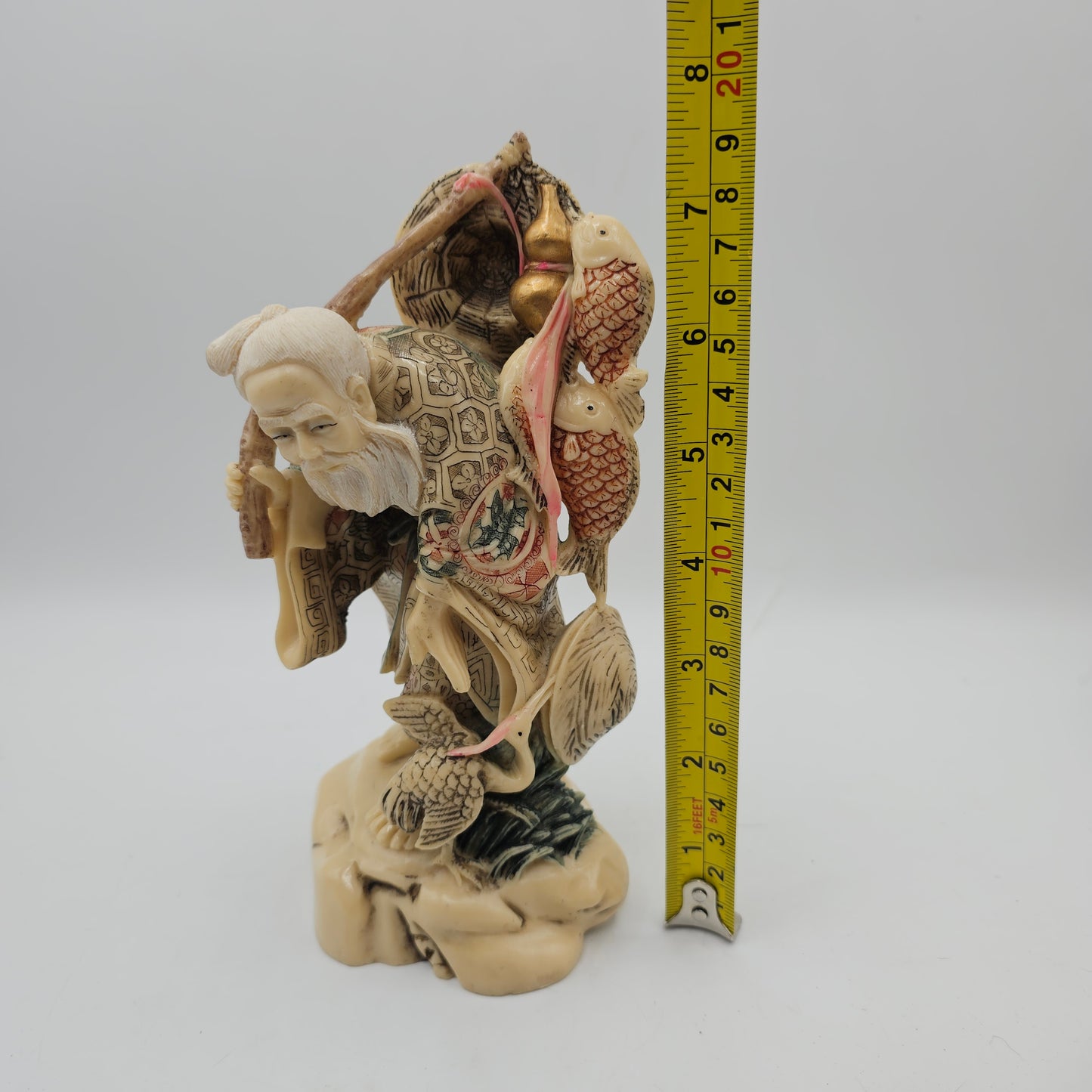 Old Asian Fisherman Figurine Resin with Scrimshaw Design