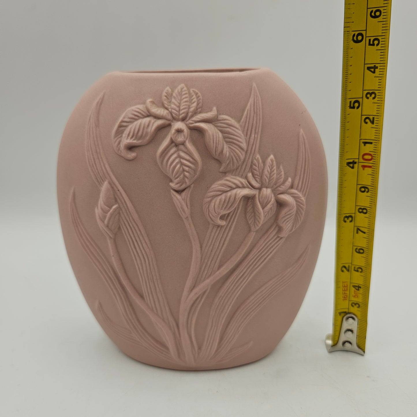Vintage Dusty Pink Ceramic Vase With 3-D Irises