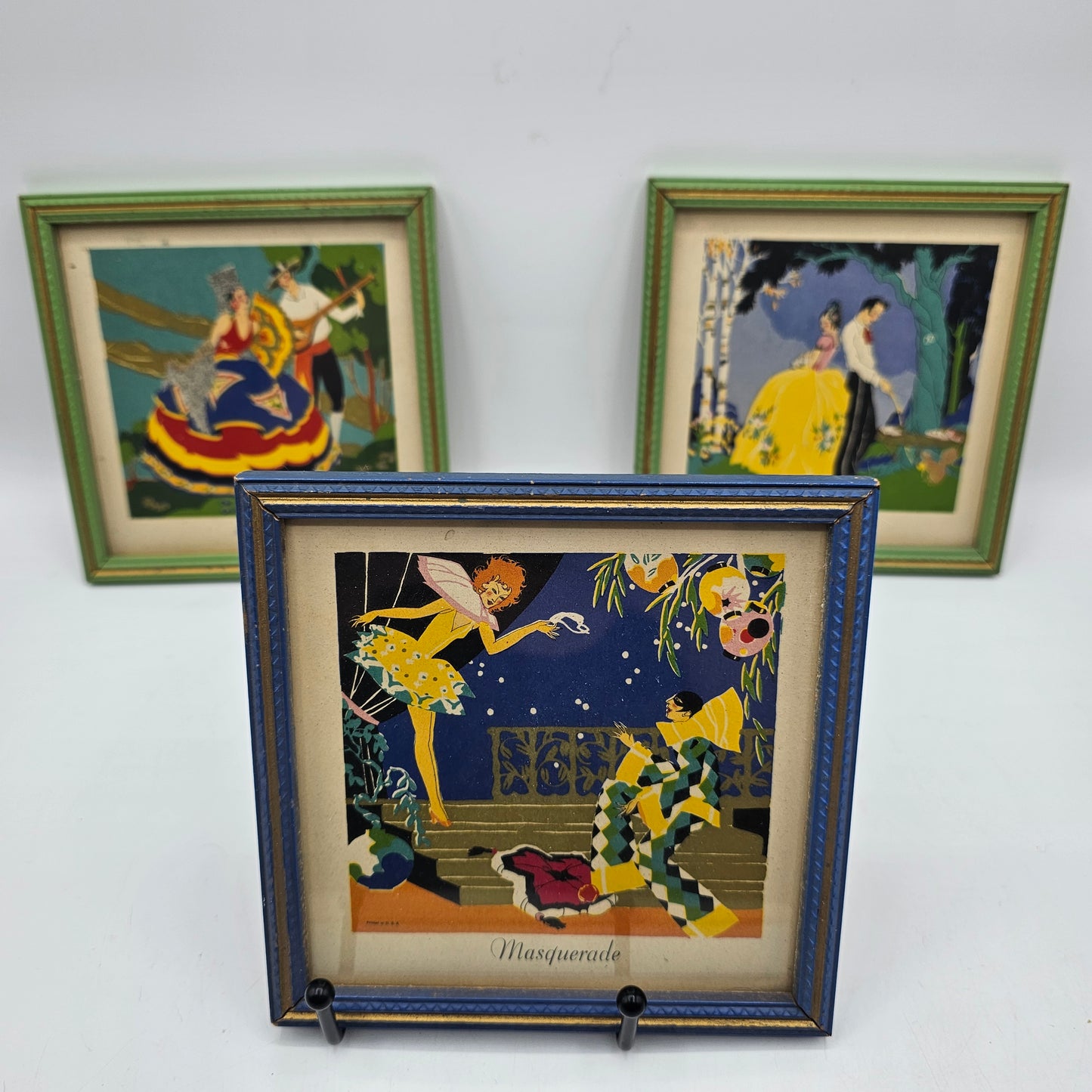 Vintage 1920's Art Deco Square Framed Prints - Set of 3 - Masquerade, Teasing, Senorita