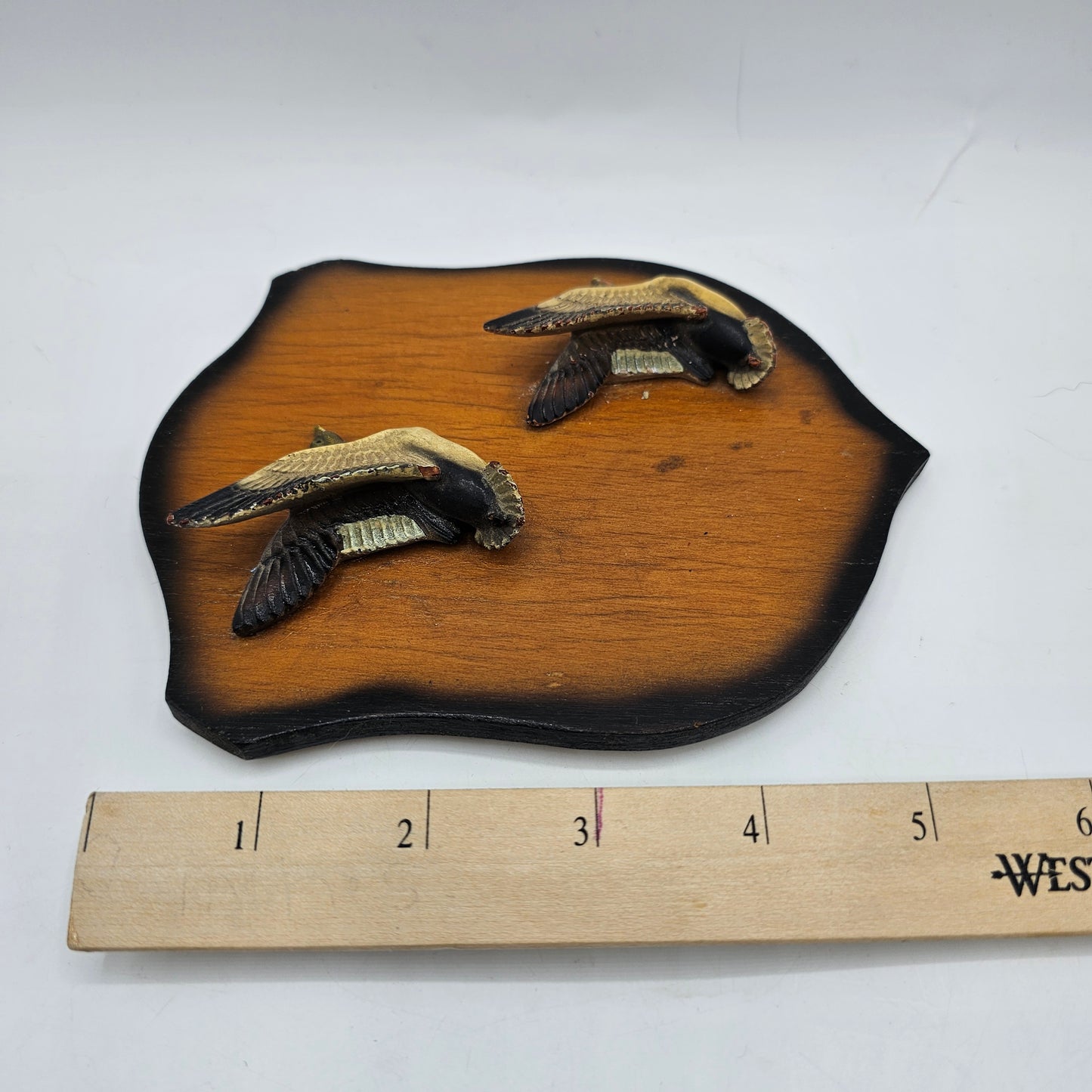 Vintage Wooden Shield Plaque with Two Mallard Ducks in Flight