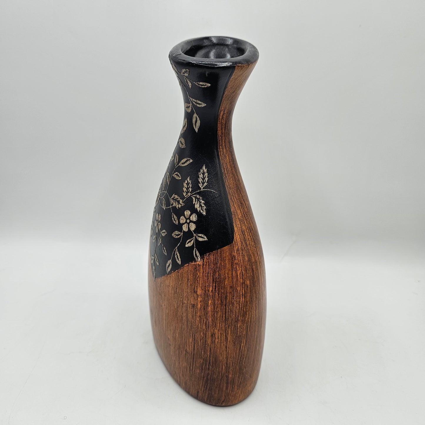 Ceramic "Wood Grain" Vase with Etched Flowers