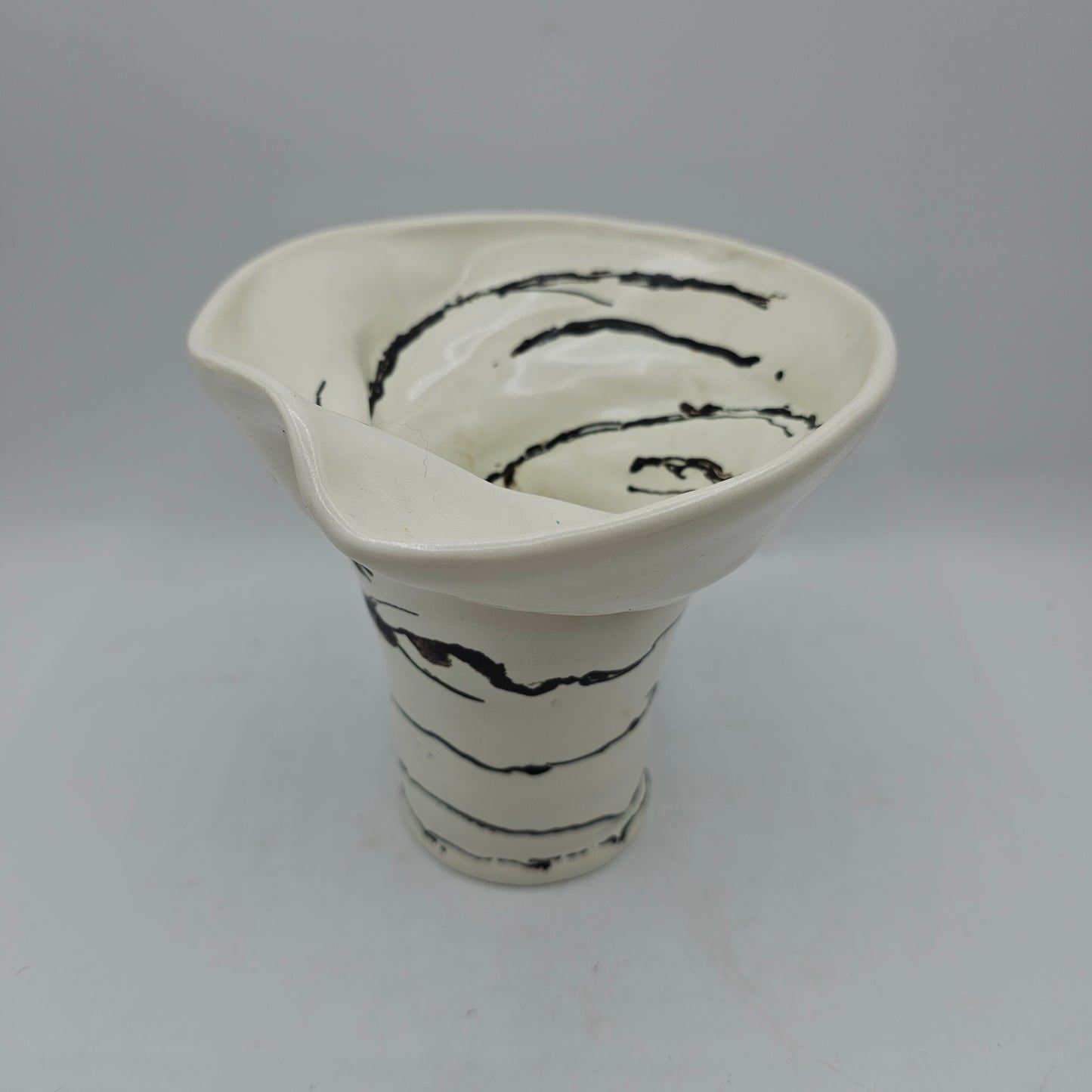 Artisan Pottery Black and White Swirled Case Vase Signed "Franny"