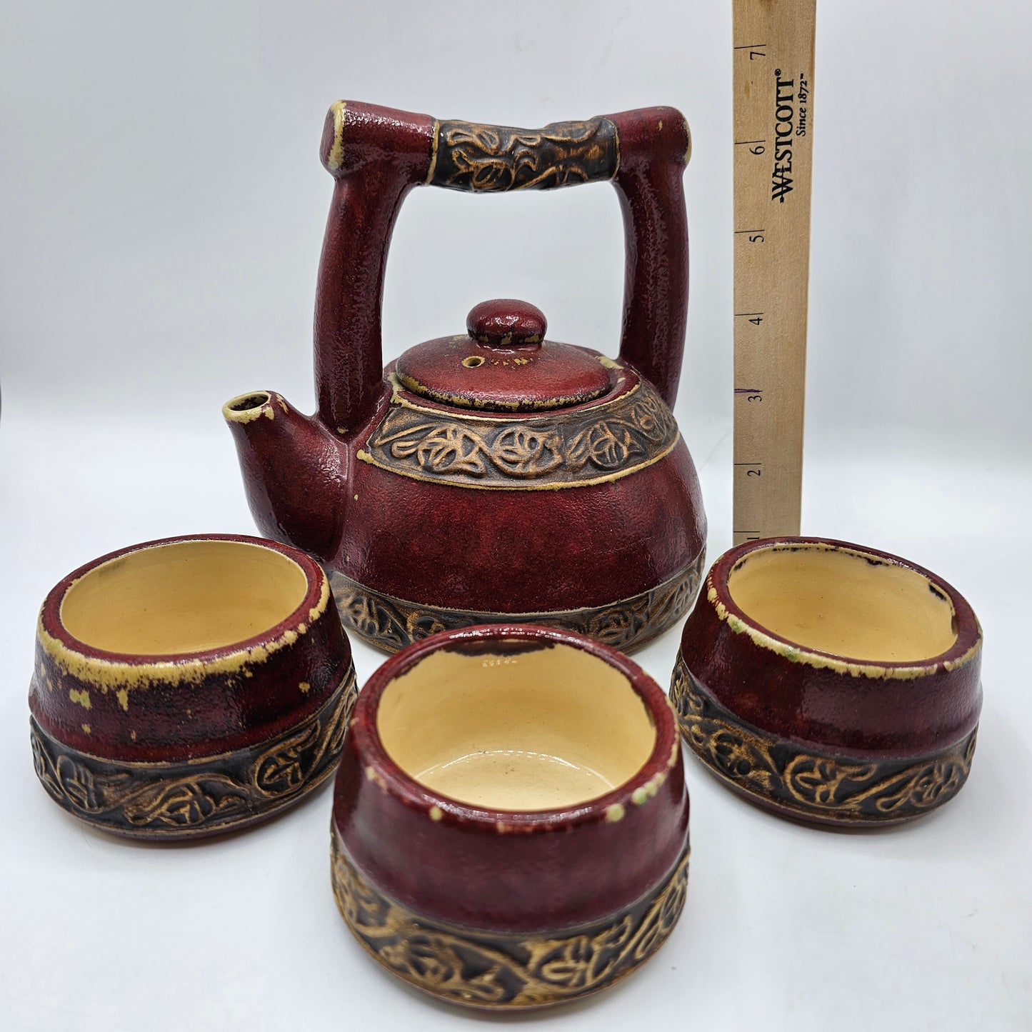 Intentionally Distressed Asian Teapot and Three Tea Cups by Pottery Barn