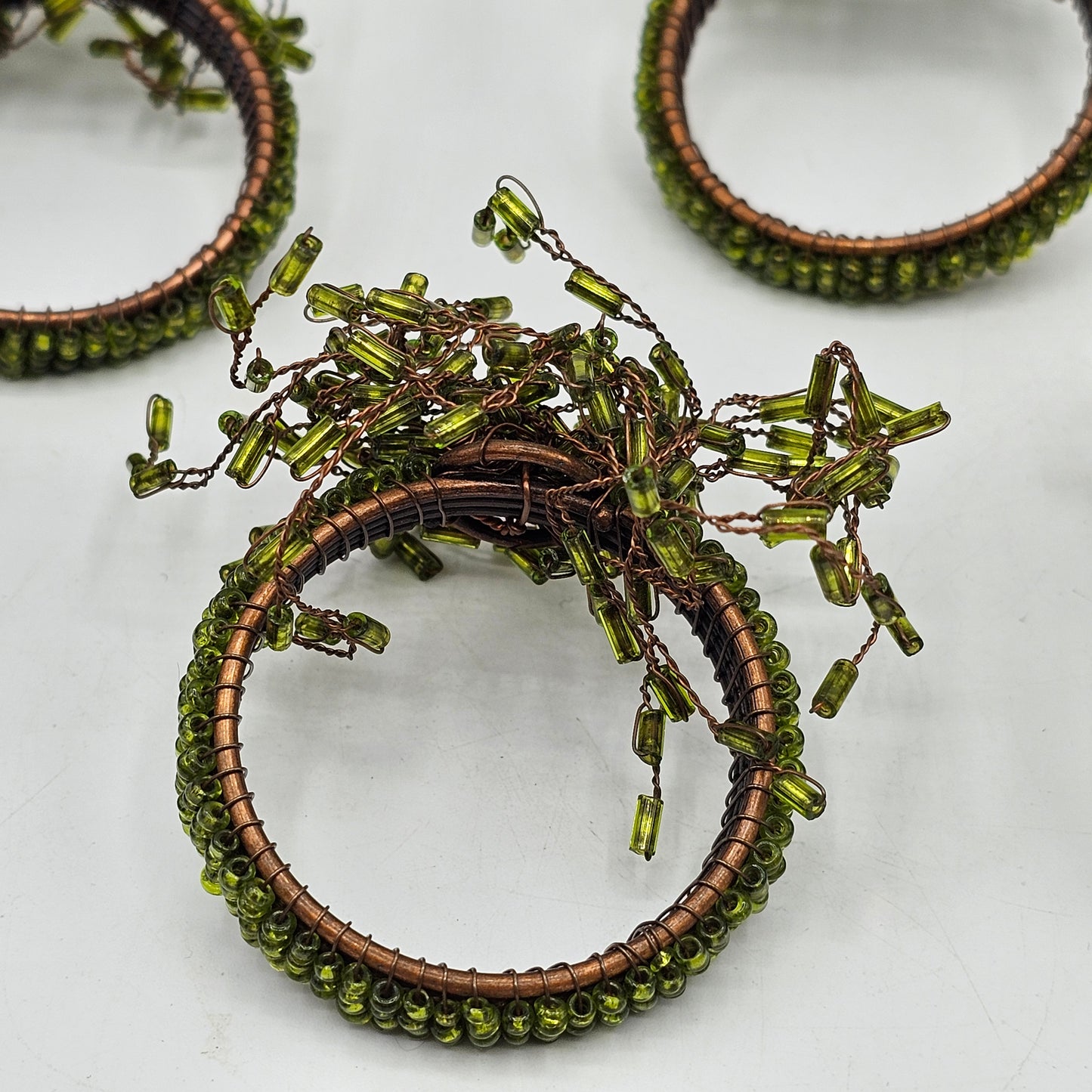 Green Beaded Spray with Copper Napkin Rings - Set of 6