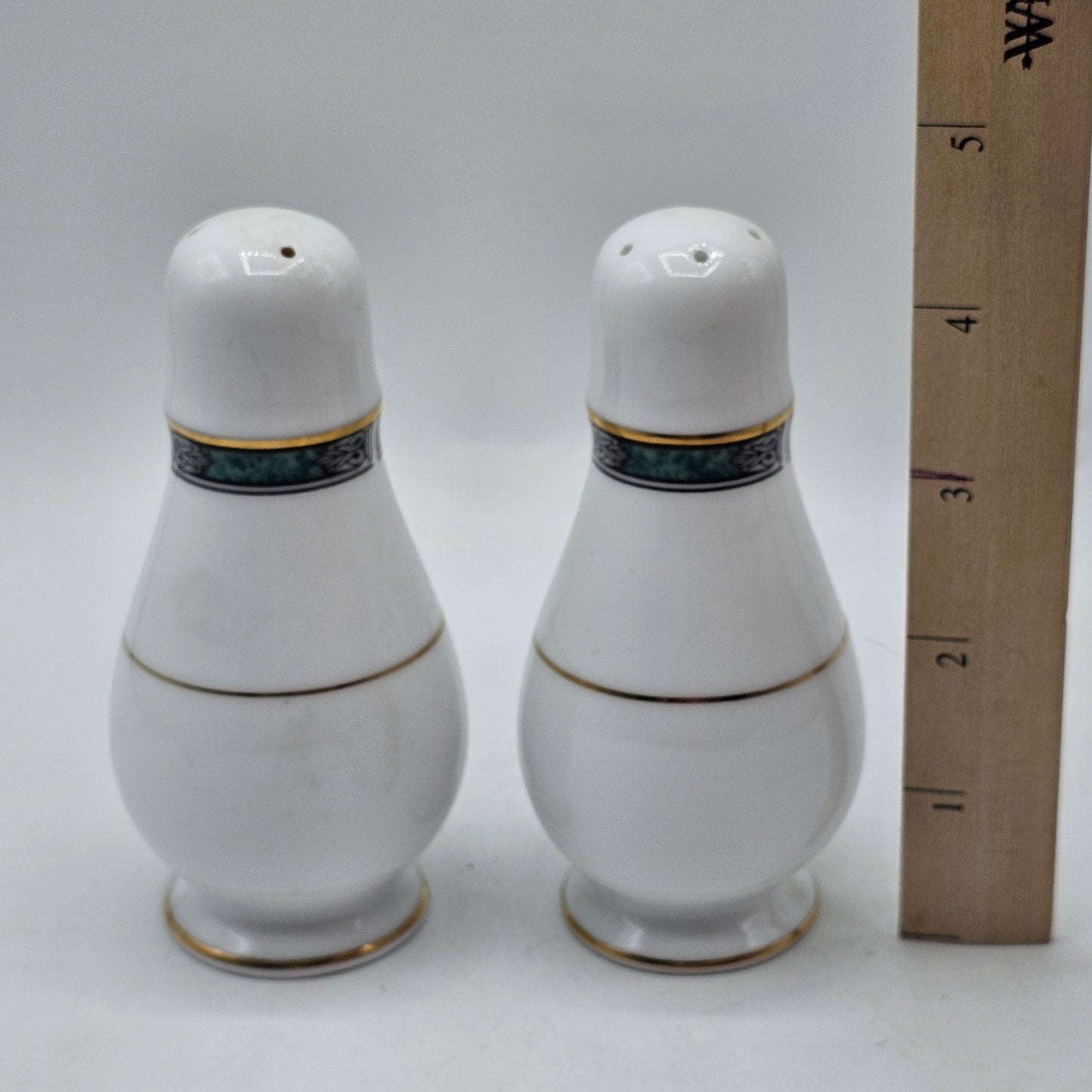 Noritake Green Gold Stripe Salt and Pepper Shakers Teardrop Shape
