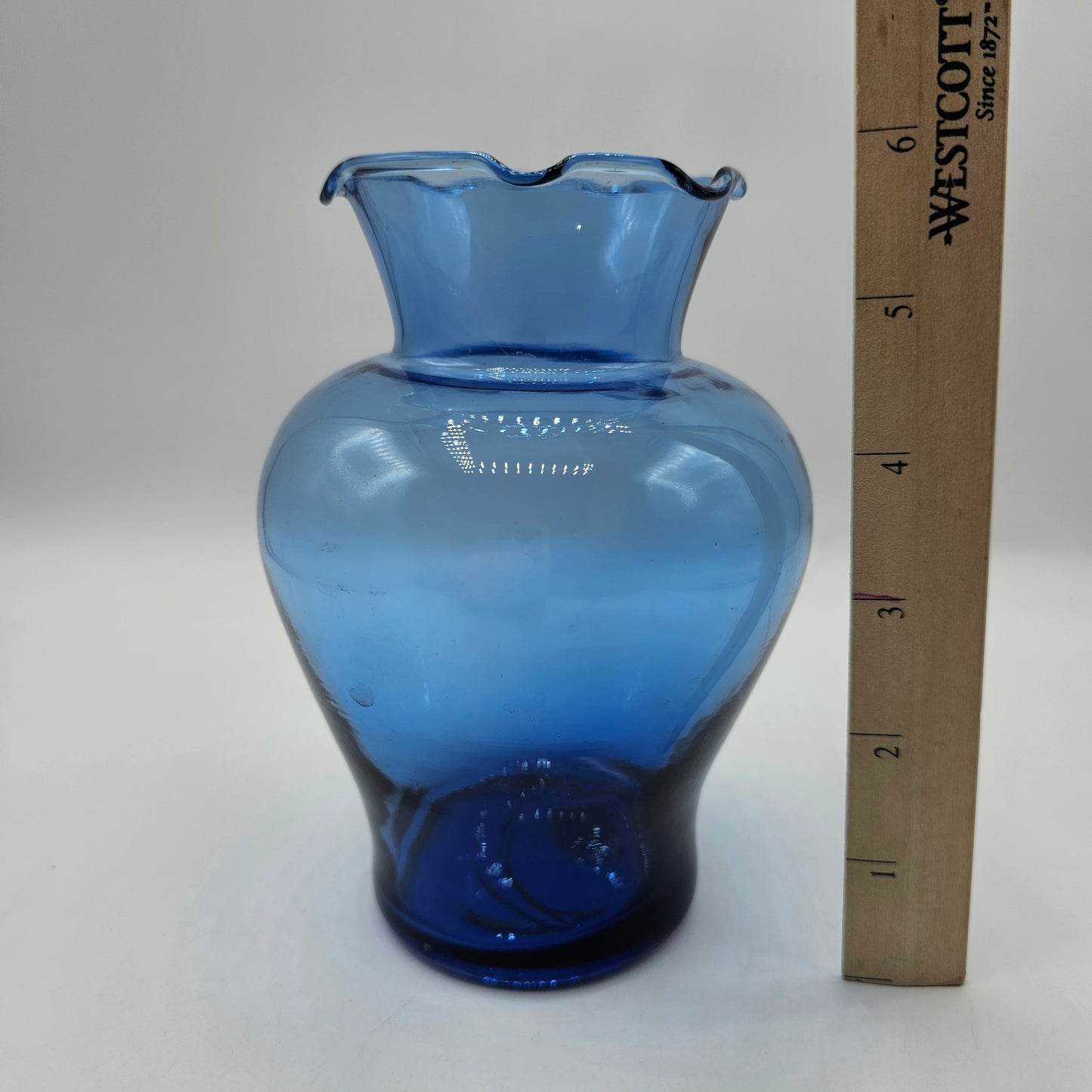 Vintage Hand Blown Ruffle Top Blue Glass Vase