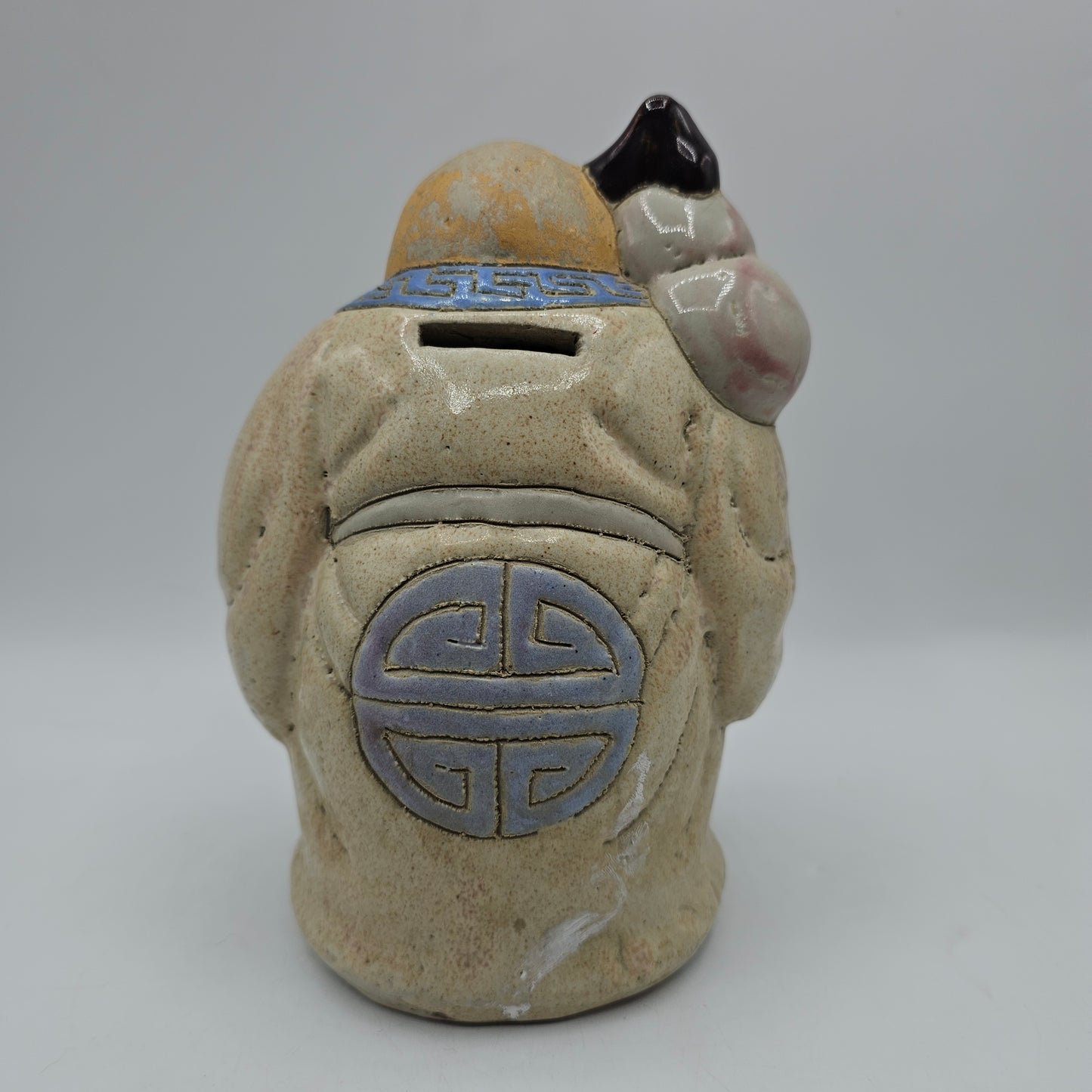 Vintage Chinese Mud Man God of Longevity Pottery Coin Bank