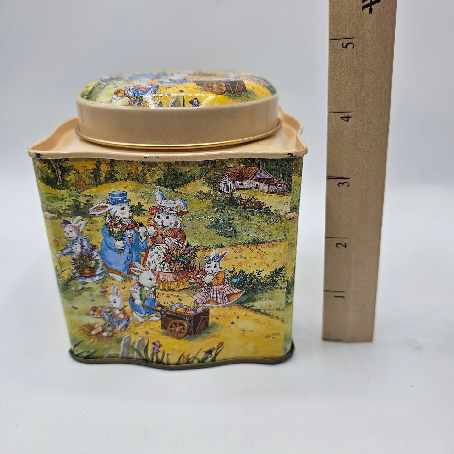 Vintage Easter Bunny Metal Tea Caddy Tin Canister