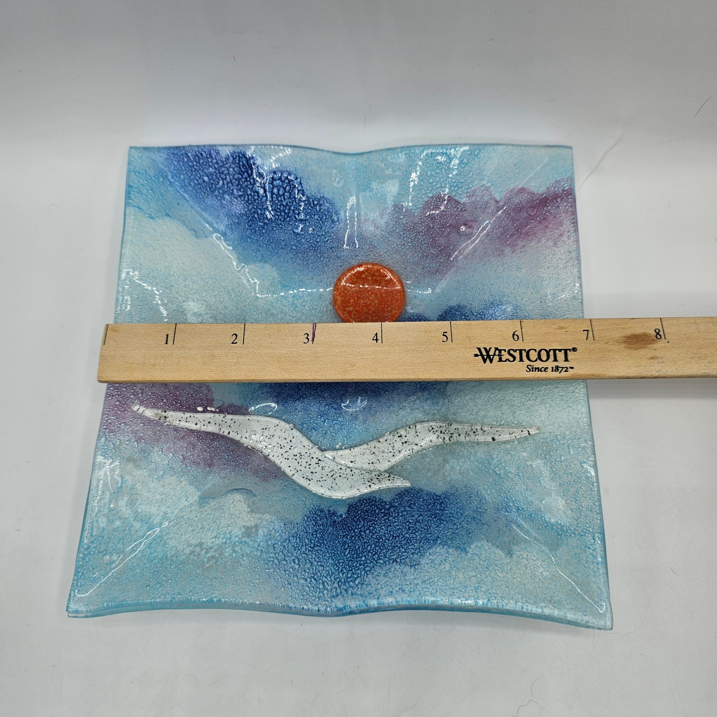 Italian Fused Art Glass Plate Featuring a Seagull and a Sun over the sea.