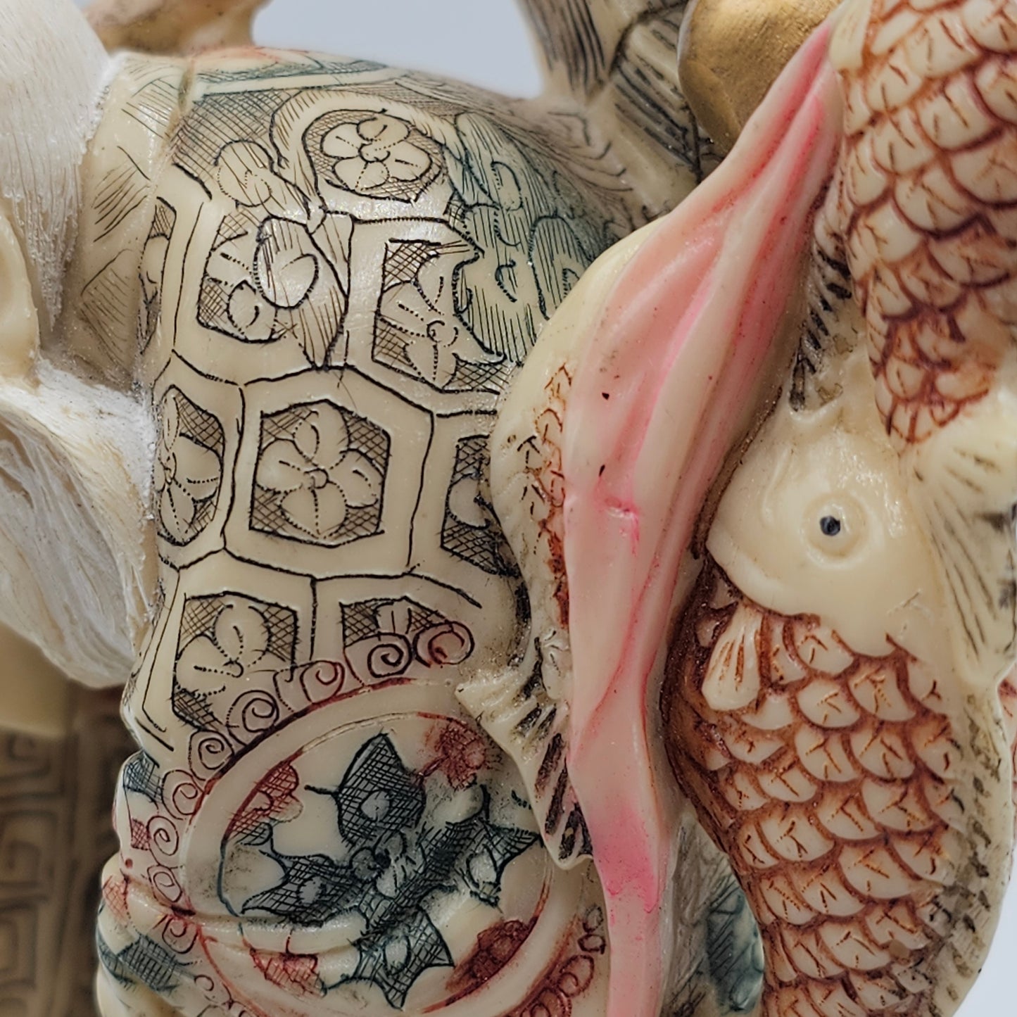 Old Asian Fisherman Figurine Resin with Scrimshaw Design