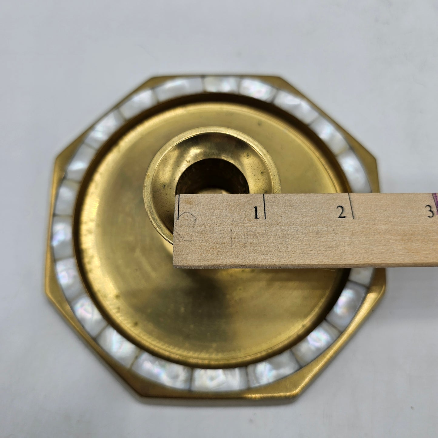 Vintage Solid Brass Taper Candle Holder with Inlaid Mother of Pearl and Octagonal Shaped Drip Tray