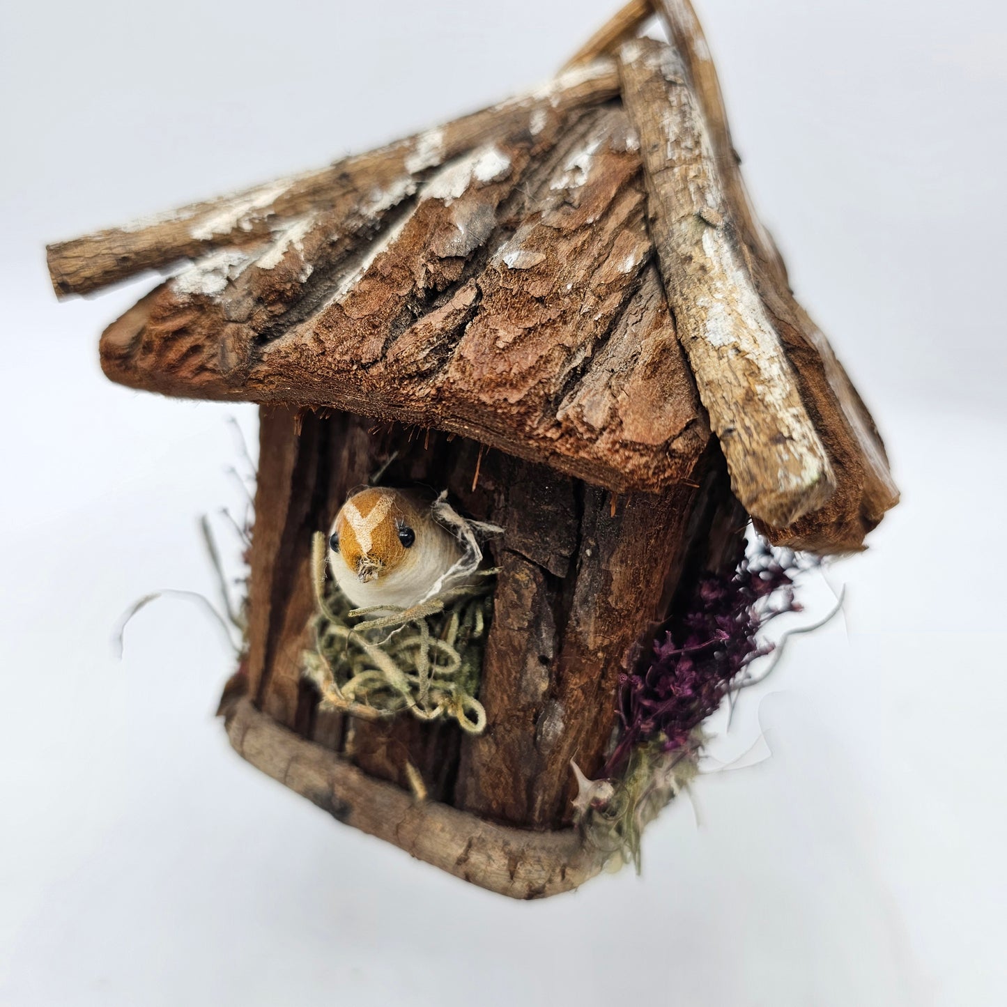 Handmade Decorative Drift Wood and Moss Birdhouse with Bird