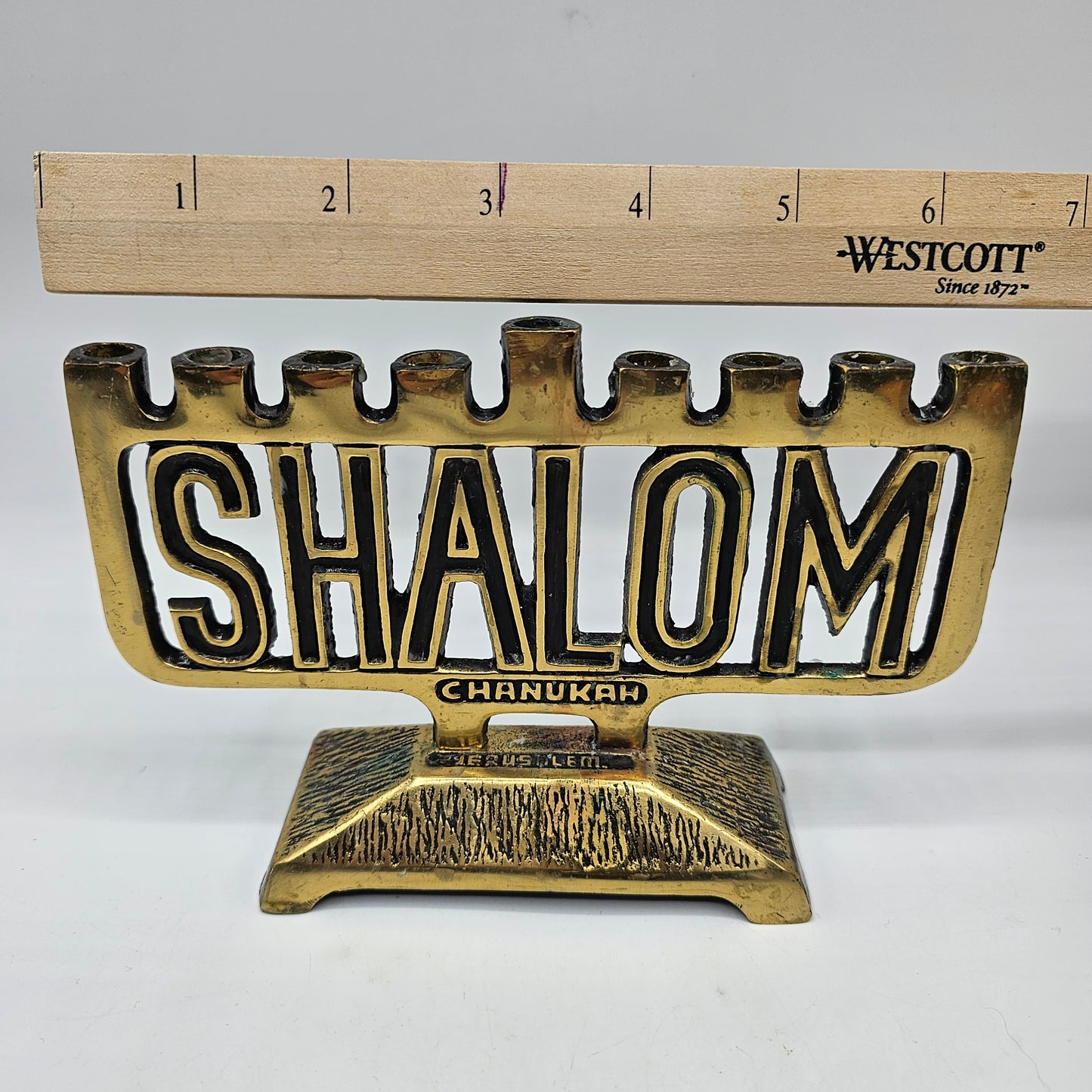 Vintage Brass "Shalom" Menorah by Hen Holon of Israel (for mini taper candles)