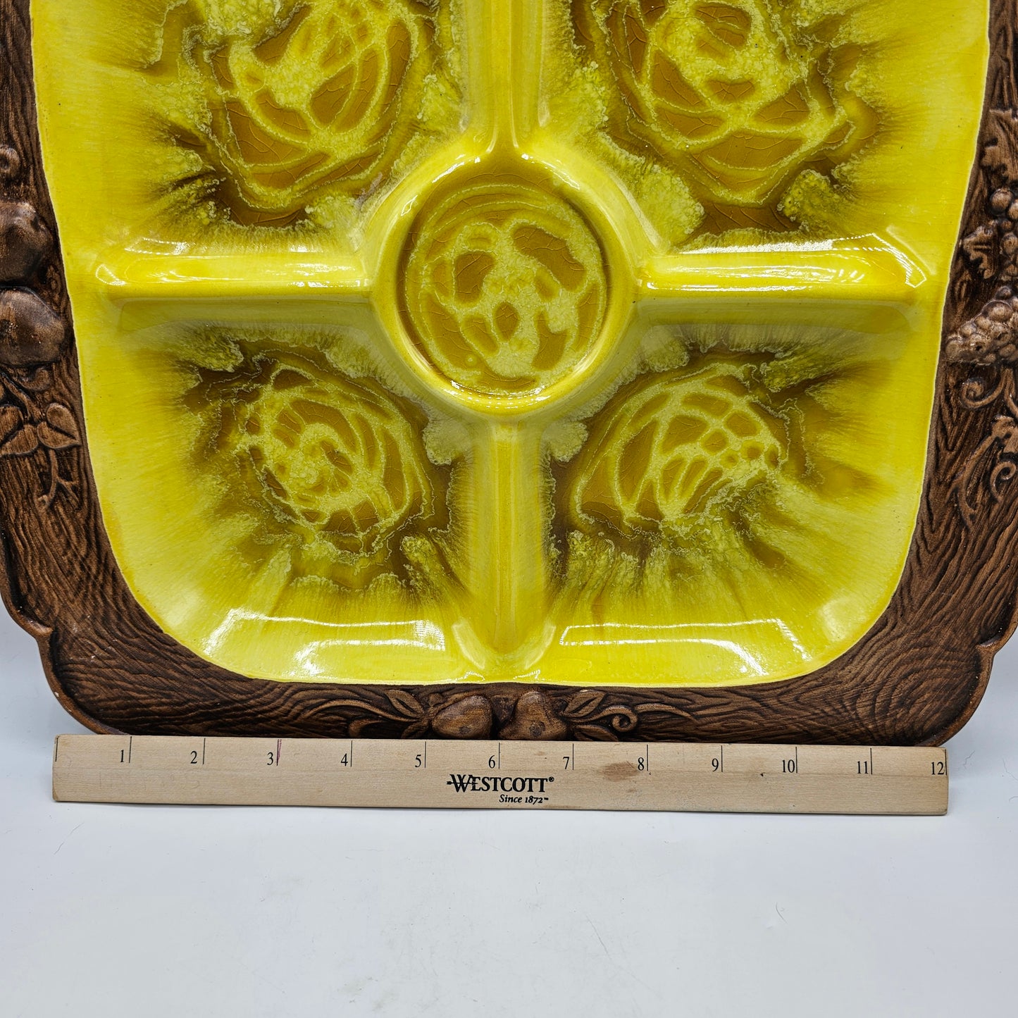 Treasure Craft Vintage Divided Ceramic Serving Tray with Grape Motif and Yellow Drip Glaze