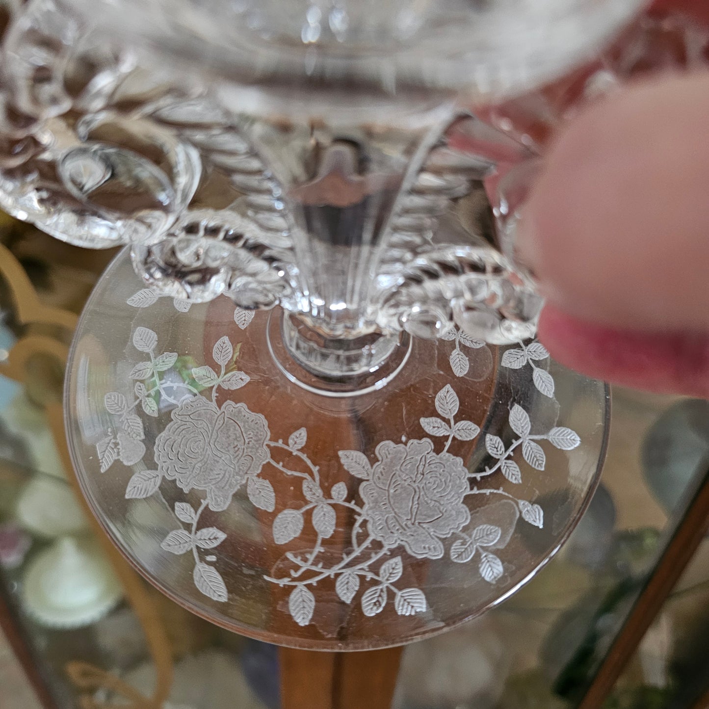 Vintage Fostoria Glass Taper Candlestick Candle Holder with Etched Roses - 4.5" tall for 1" Taper Candle