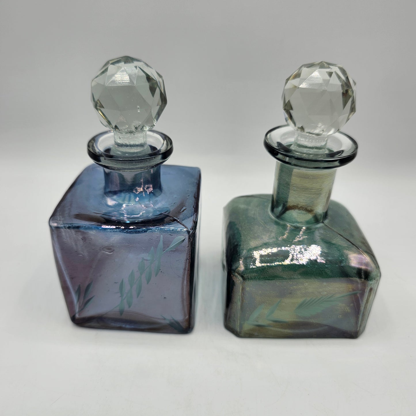 Etched Iridescent Glass Perfume Bottles with Ground Necks and Faceted Stoppers