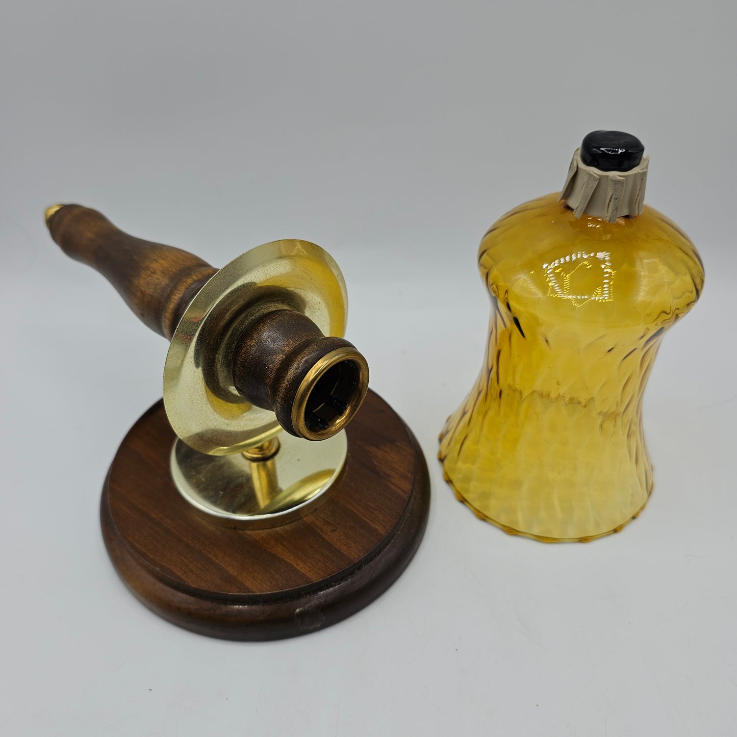 Vintage Brass and Wood Wall Candle Sconce with Amber Glass Peg Shade