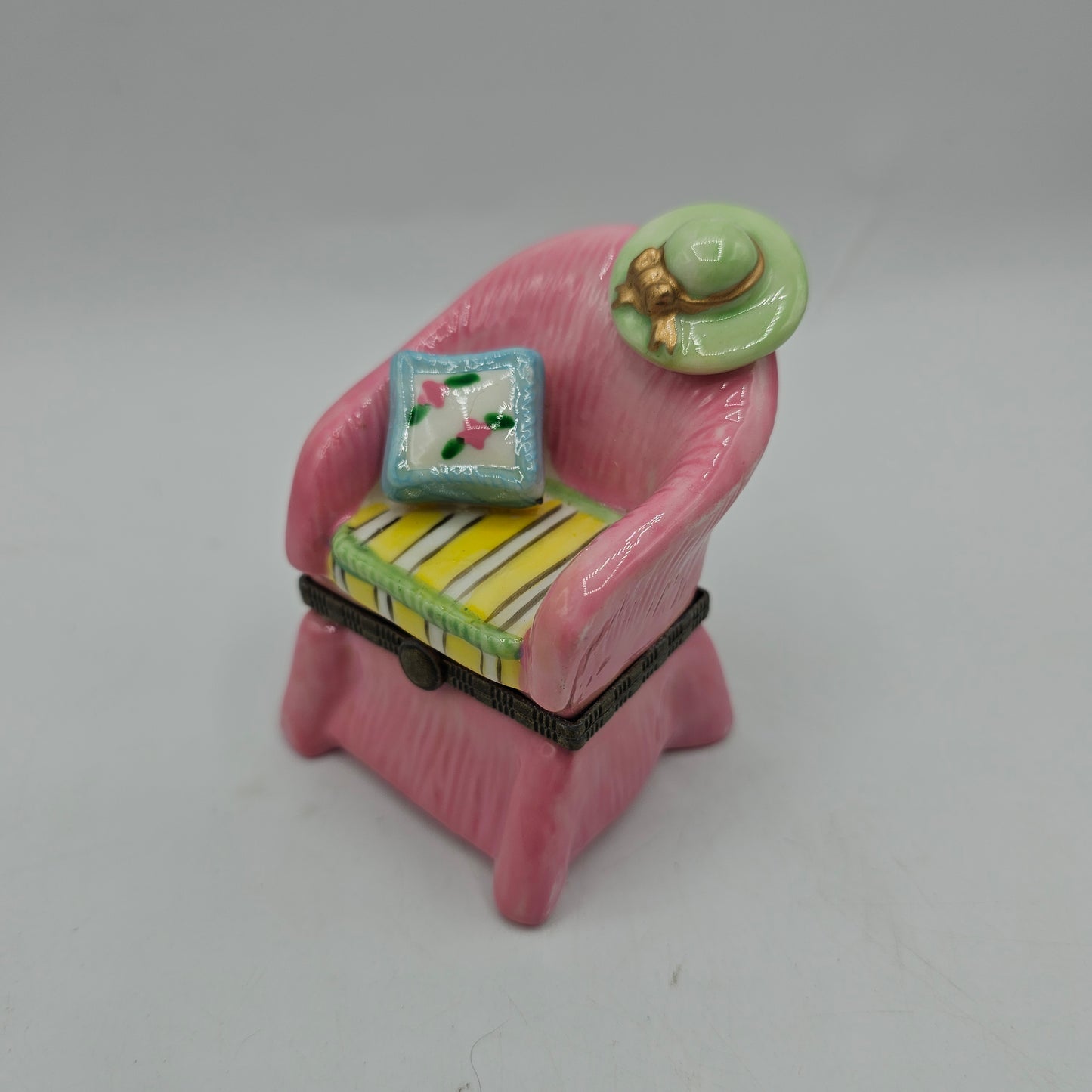 Pink Armchair Hinged Ceramic Trinket Box with Cushions and Hat