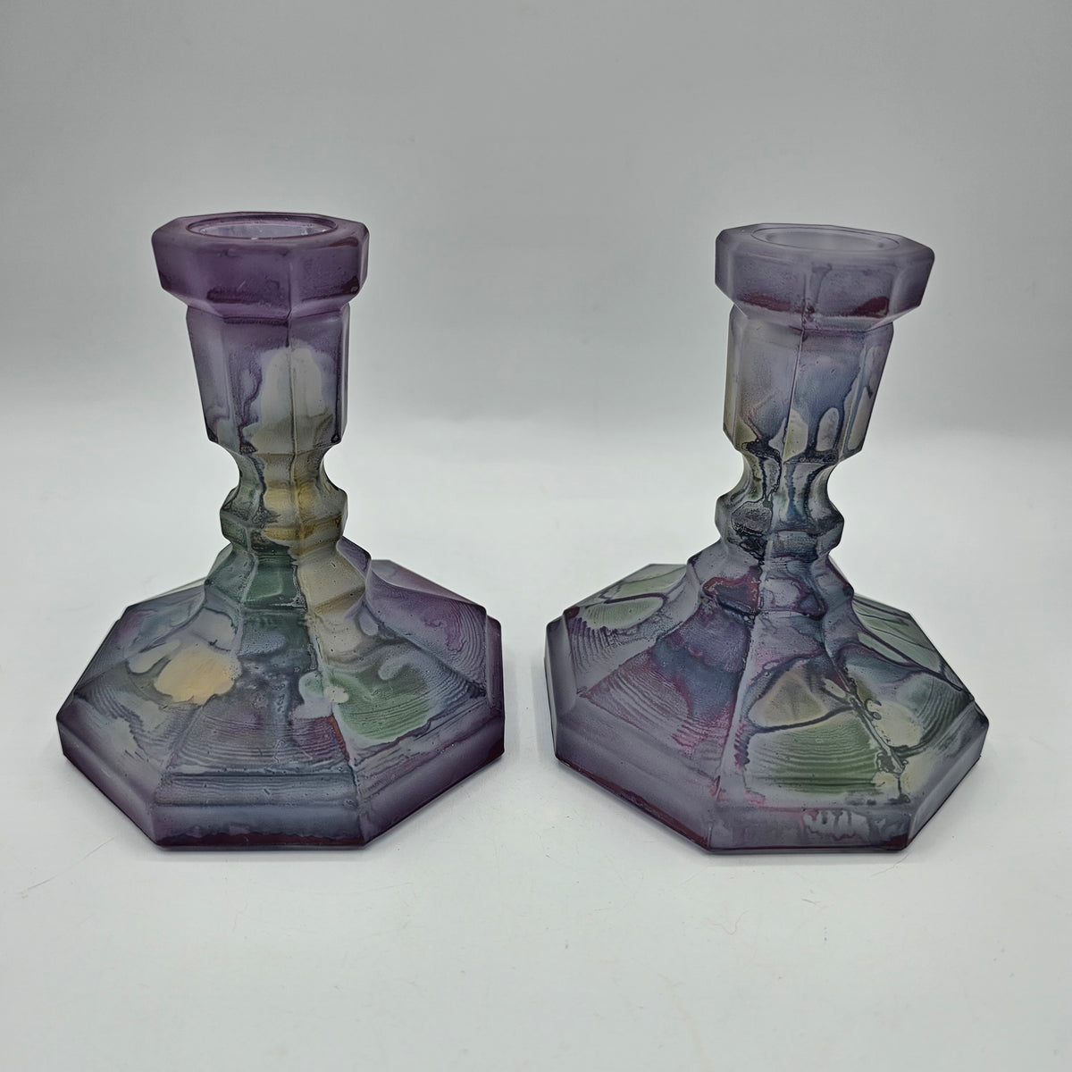 Reuven Art Glass Taper Candlesticks with original stickers - set of 2 - made in California, USA
