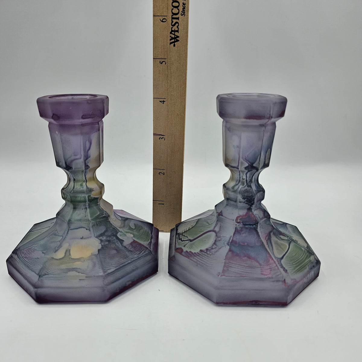 Reuven Art Glass Taper Candlesticks with original stickers - set of 2 - made in California, USA