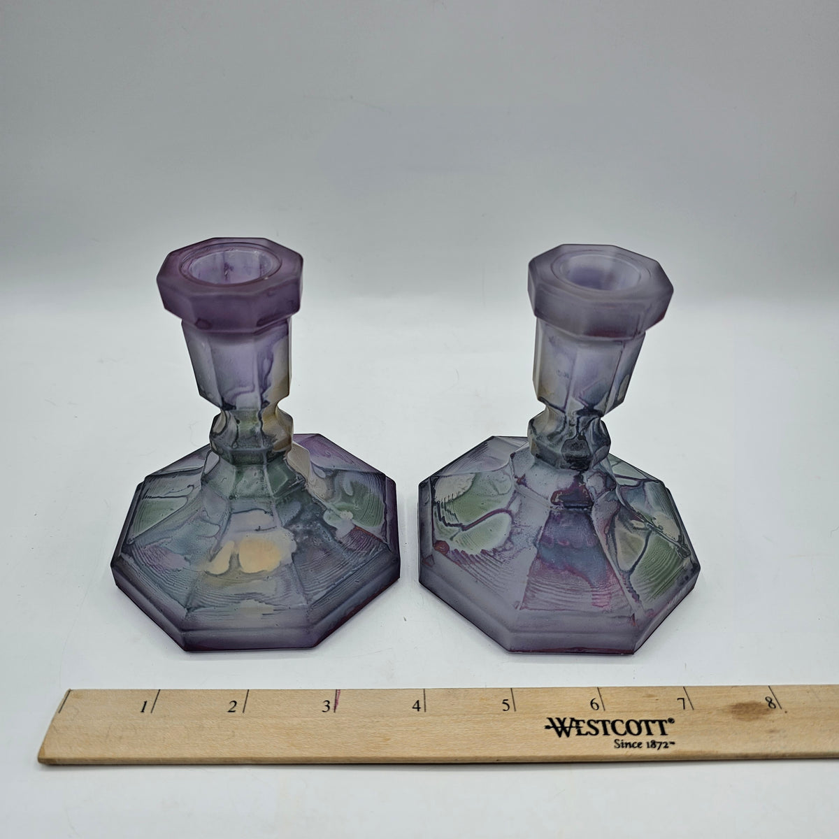 Reuven Art Glass Taper Candlesticks with original stickers - set of 2 - made in California, USA