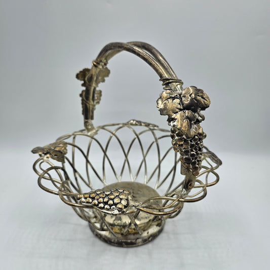 Godinger Silver Plated Metal Basket with Handle and Grape Vine Motif