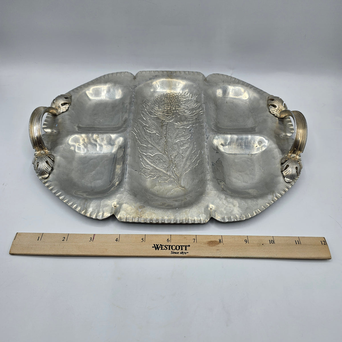 Hammered Aluminum Divided Tray with Etched Flower