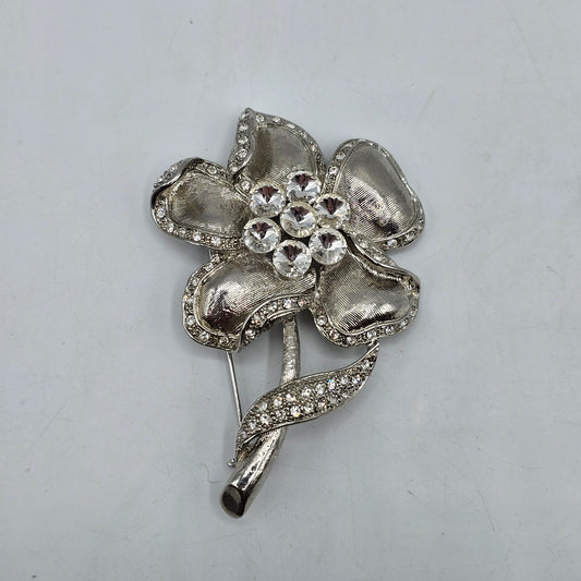 Silver Tone Flower Pin Brooch with Diamond Crystals