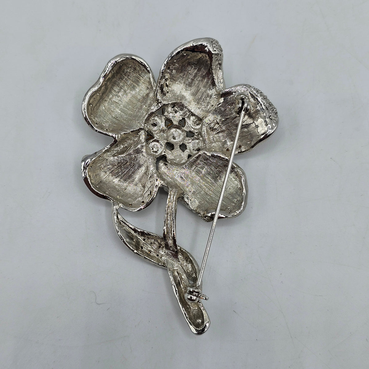 Silver Tone Flower Pin Brooch with Diamond Crystals