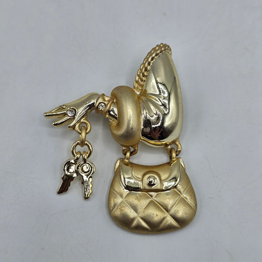 Gold Tone Lady Purse and Keys Pin Brooch with Diamond Crystals