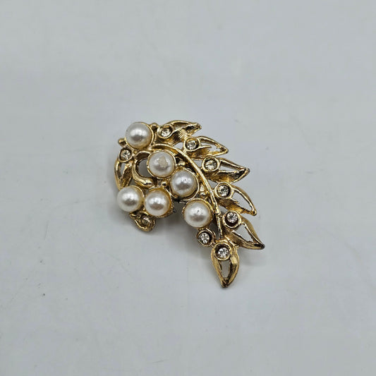 Gold Tone Leaf Pin Brooch with Faux Pearl Drops