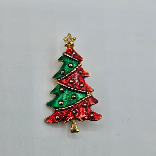 Red and Green Enamelled Gold Tone Christmas Tree Pin Brooch