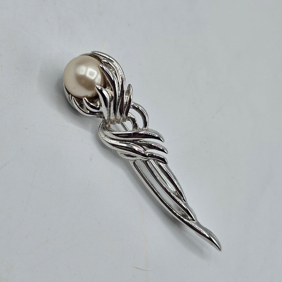 Silver Tone Pin Brooch with Faux Pearl