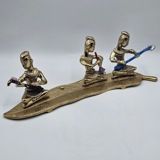 Vintage Painted Brass Bhuddist Musicians on Leaf (one is missing)