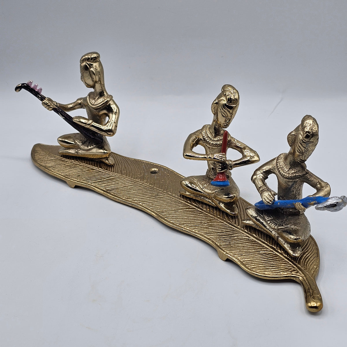 Vintage Painted Brass Bhuddist Musicians on Leaf (one is missing)