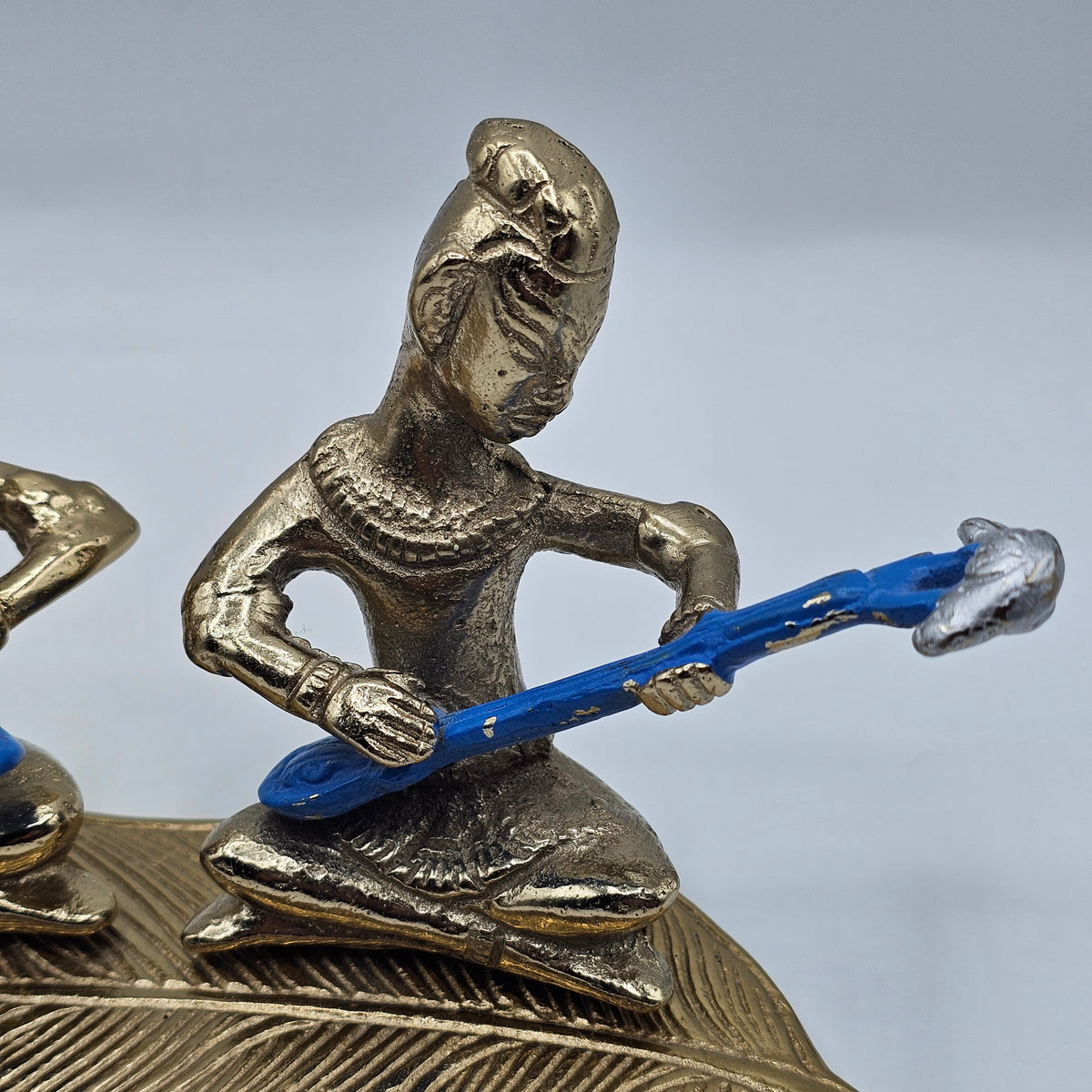 Vintage Painted Brass Bhuddist Musicians on Leaf (one is missing)