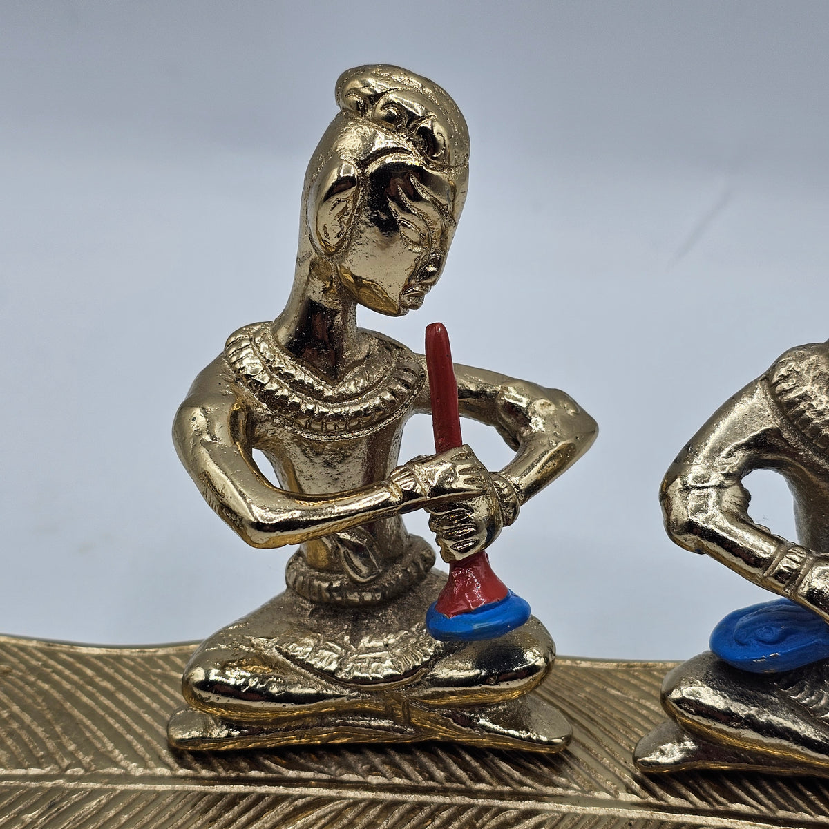 Vintage Painted Brass Bhuddist Musicians on Leaf (one is missing)