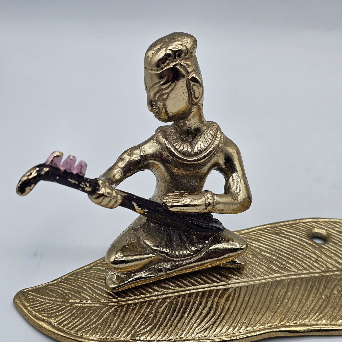 Vintage Painted Brass Bhuddist Musicians on Leaf (one is missing)