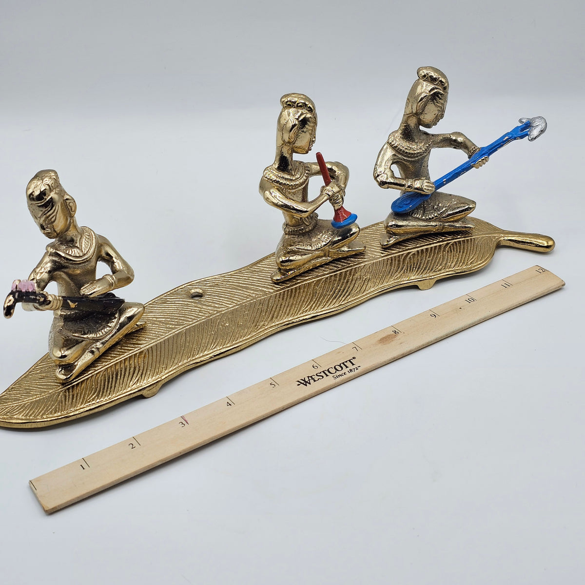 Vintage Painted Brass Bhuddist Musicians on Leaf (one is missing)