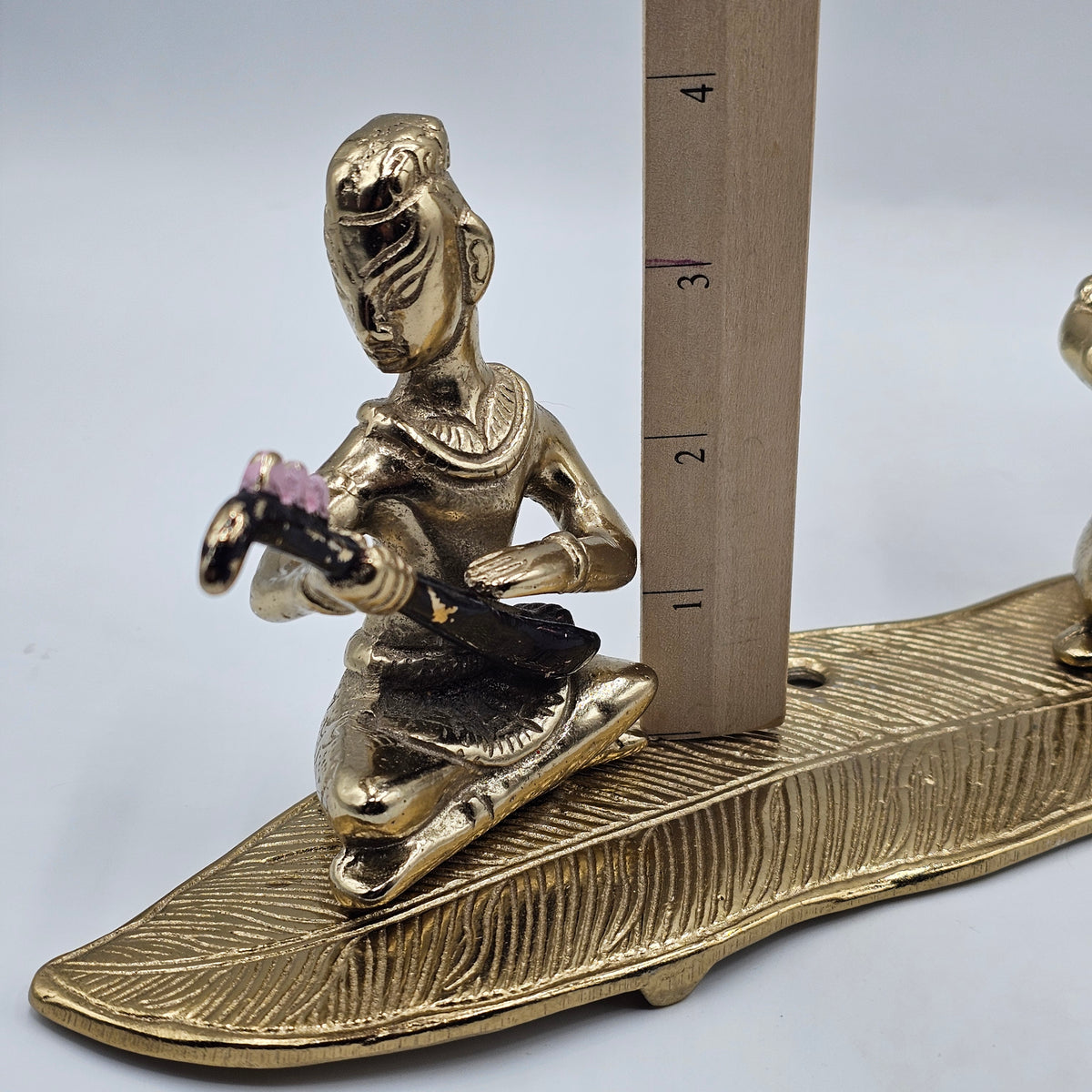 Vintage Painted Brass Bhuddist Musicians on Leaf (one is missing)