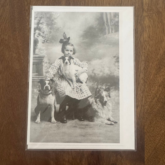 Girl Sitting With 3 Dogs  - Greeting Card #C-72