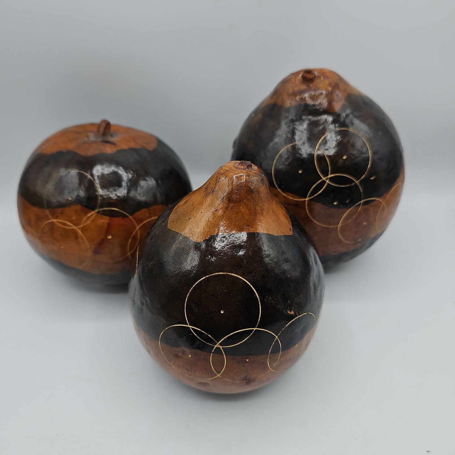 Painted Carved Decorative Weighted Gourds - Set of 3