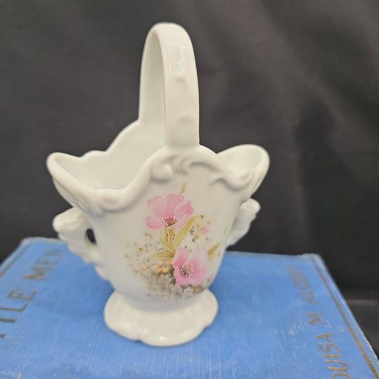 White Ceramic Basket with Pink Flowers