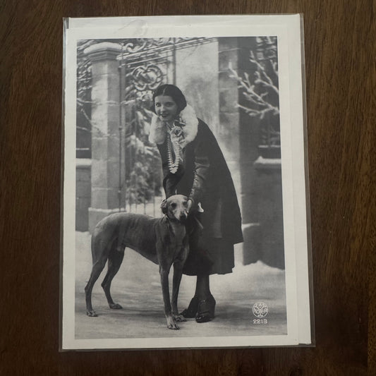 Woman Standing with Greyhound Dog - Greeting Card #A-18