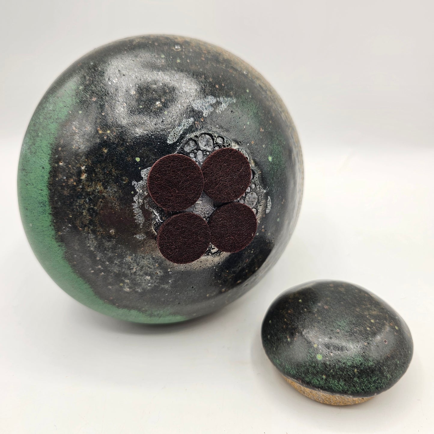 Artisan Pottery Green Squeezed Lidded Jar
