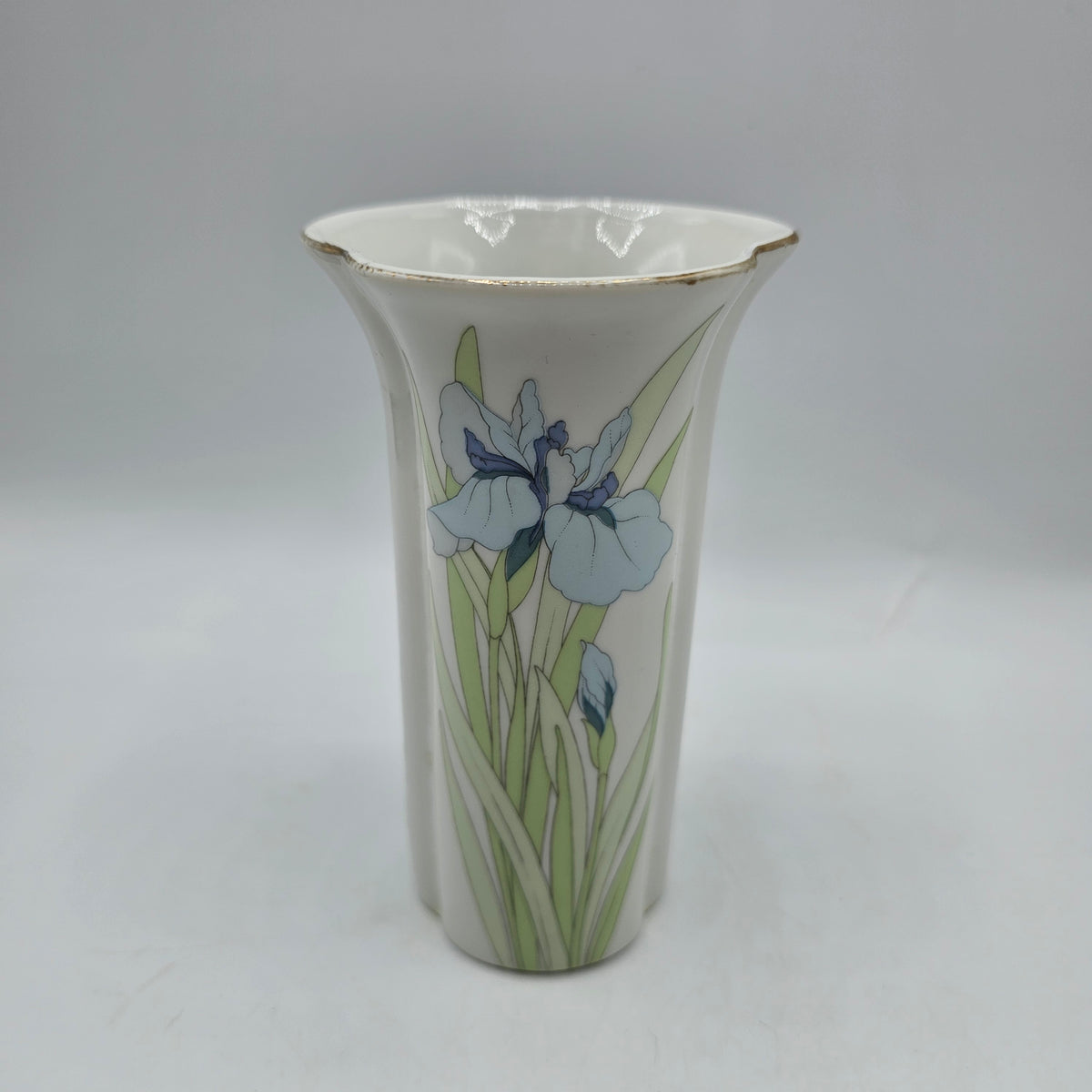 Vintage Porcelain Bud Vase with Blue Iris Flowers by Fuji of Japan (wear to gold as noted)