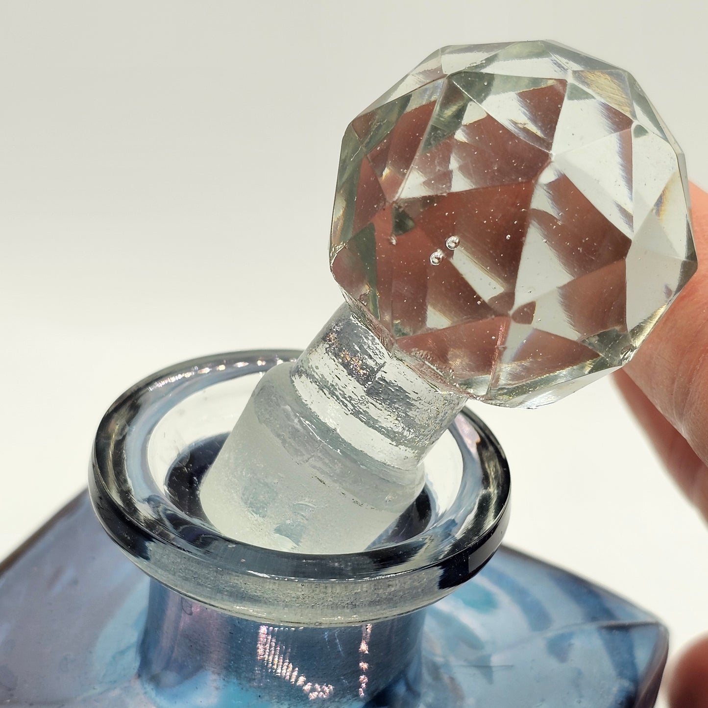 Etched Iridescent Glass Perfume Bottles with Ground Necks and Faceted Stoppers