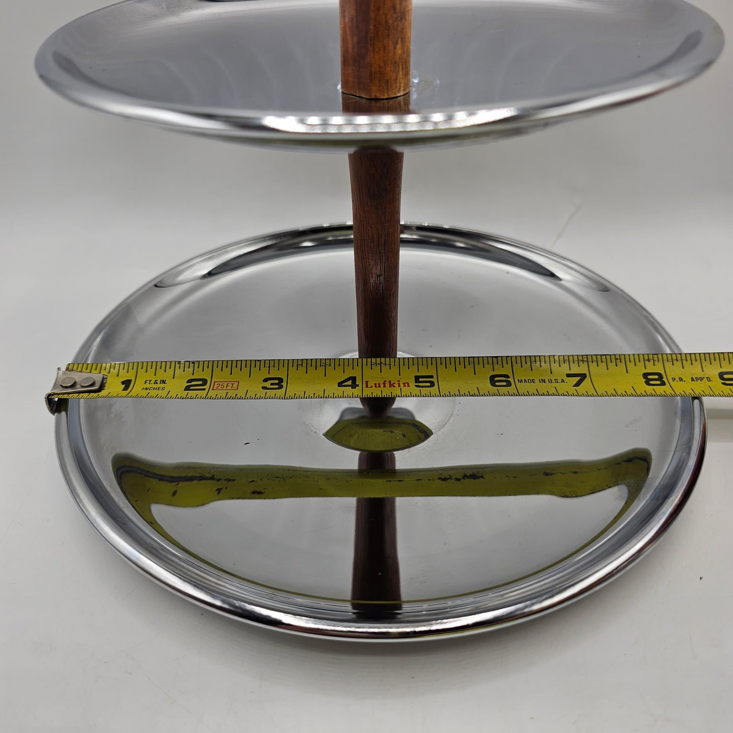 1960's Kromex Chrome 2-Tiered Tidbit Tray or Bathroom Stand with Teak Wood Handle