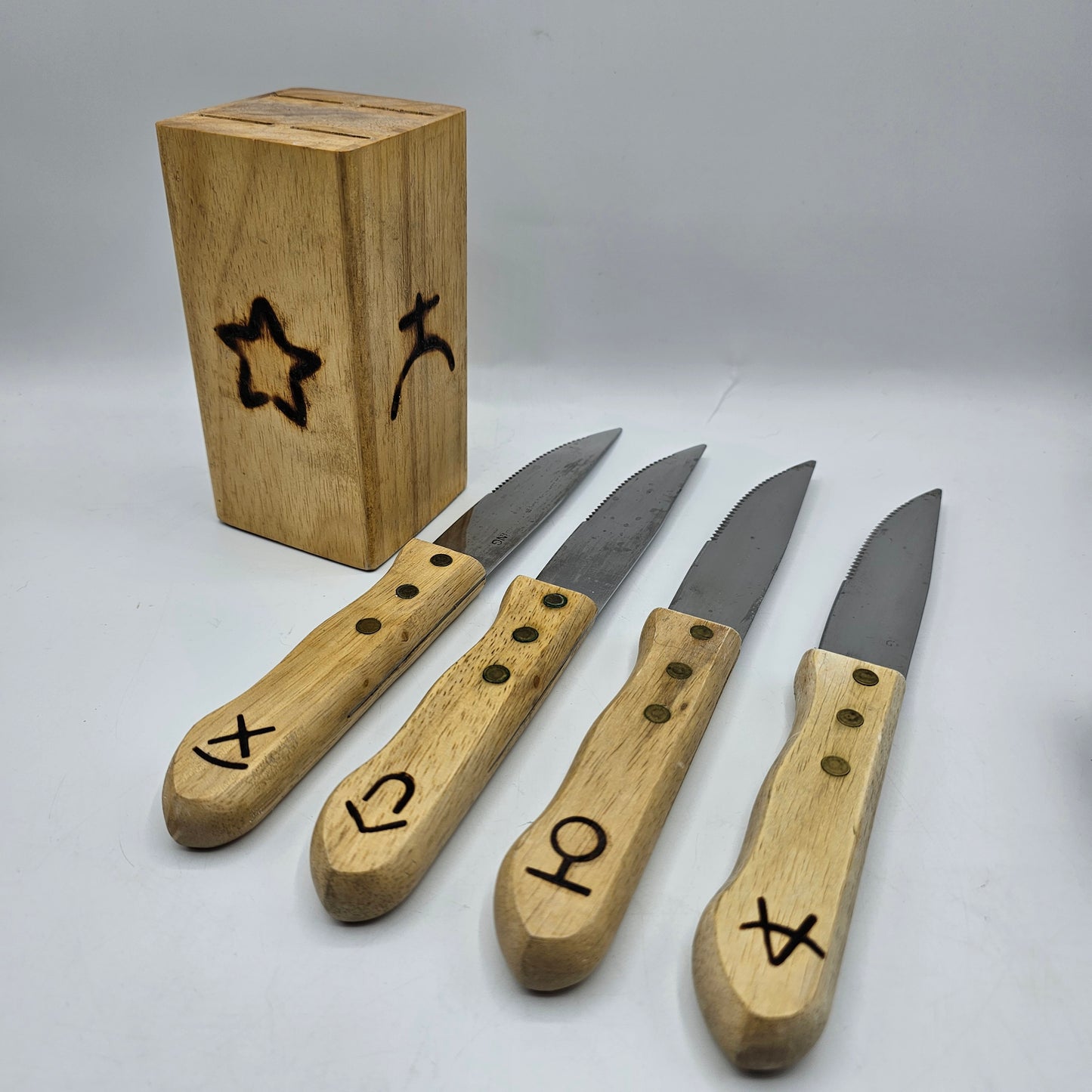 Cattle Brand 5" Steak Knife in Wooded Block Set - Custom Made with Rustic Pyrography Design by Cowboy Living